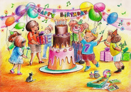 Birthday party-children playing around big birthday cake Picture created with colored pencils の写真素材