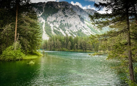 Landscape with mountains and turquoise lake-Gruener See,Styria,Austria  の写真素材