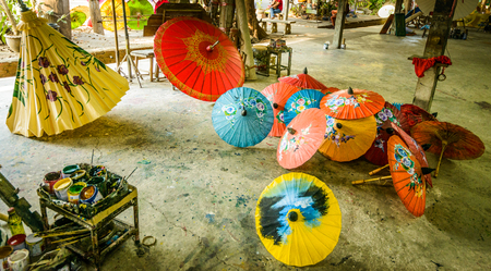 Hand painted paper umbrellas as souvenirs for tourists,Thailand のeditorial素材
