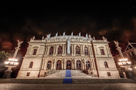 The philharmonic orchestra building in Prague, Czech Republic at night のeditorial素材