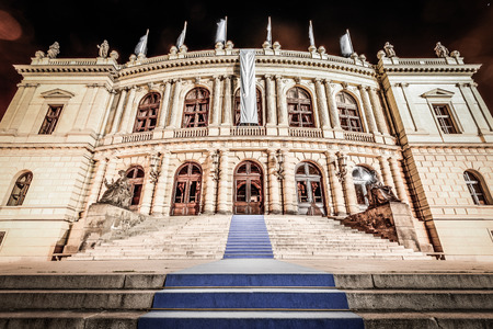 The philharmonic orchestra building in Prague, Czech Republic at night のeditorial素材