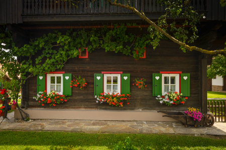 Front of old wooden house with windows with green shutters,Styria,Austria の写真素材