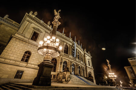 The philharmonic orchestra building in Prague, Czech Republic at night.のeditorial素材