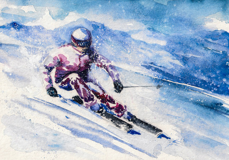 Mountain skier slides from the mountain. Picture created with watercolors.の写真素材