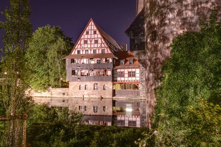 Night shot of houses close to Pegnitz river.Nuremberg  Bayern, Germany