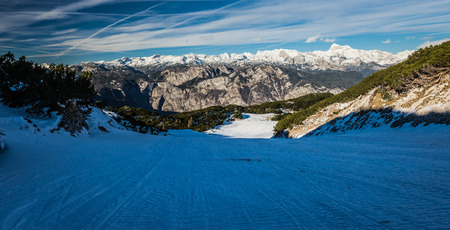 Ski slopes of Vogel, Triglav natural park, Julian Alps, Slovenia, Europe.の写真素材