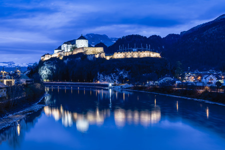Castle Kufstein reflecting in Inn river in Austria - architecture and travel backgroundのeditorial素材