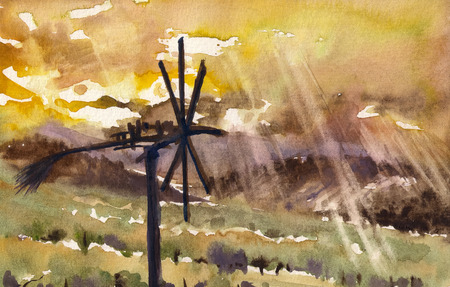 Watercolor painted illustration of the Styrian Tuscany Vineyard with windmill -klapotetz in foreground, Austriaの写真素材