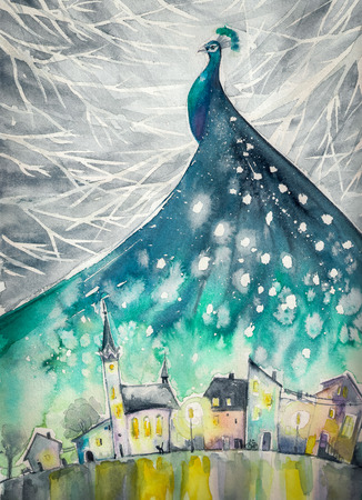 Watercolors abstract illustration of peacock as night sky over city.の写真素材
