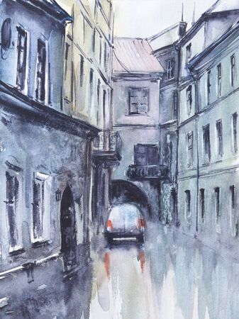 Old city street at rainy day.Picture created with watercolors.の写真素材