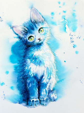 Sitting cute little blue cat.Picture created with watercolors.の写真素材