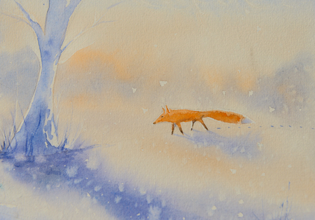 Winter scene with fox,tree and snow covered field and dried grass.Picture created with watercolors.の写真素材