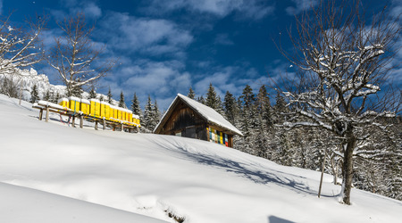 Snowy, winter landscape with Solcava panoramic road, Logarska Dolina,Slovenia.A popular tourist and travel destination.のeditorial素材