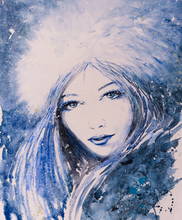 Face of young woman depicting a winter. Picture created with watercolors.の写真素材