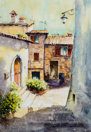 Architecture of village Limone sul Garda on Garda Lake, Italy .Picture created with watercolors.の写真素材