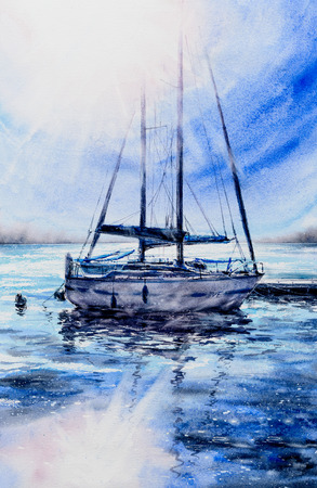 Sailboats in harbour with sun in background.Picture created with watercolors.の写真素材