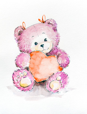 Happy Valentine's day, Cute Teddy bear holding heart, Love Background. Watercolors painting isolated on white background.の写真素材