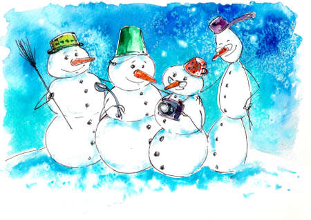 Immage of cartoon snowmen family. Picture created with watercolors.の写真素材