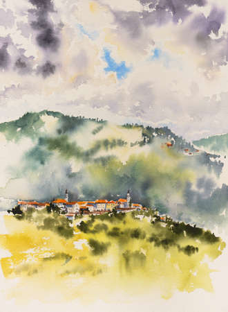 Aerial view of Vipavski Kriz town in the Littoral region of Slovenia. Picture created with watercolors.の写真素材