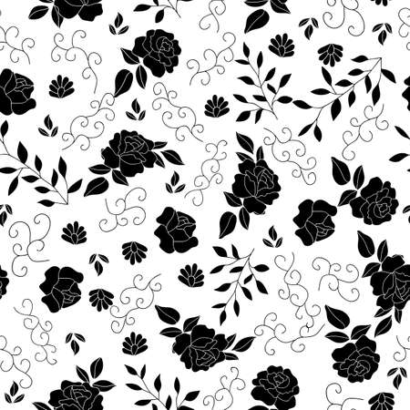 Monochrome seamless pattern with vintage roses. Black and white flower silhouettes background. Floral wallpaper design.のイラスト素材