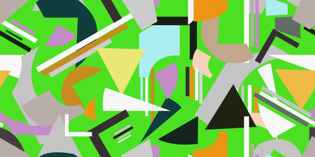 A colorful pattern of geometric shapes like rectangles and triangles in shades of aqua, grass green,...