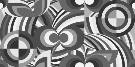 Monochrome abstract geometric patterns with circular shapes, arcs, and layered designs for backgrounds.のイラスト素材