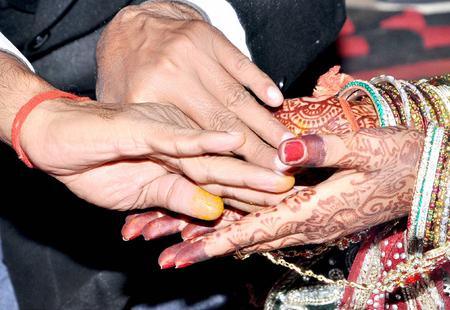 Hindu Rituals haldi on bride's hands havan phereの写真素材