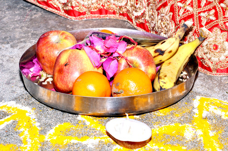 The prayer and worship items for thread ceremony, pooja (Puja) of the Indian wedding before wedding...