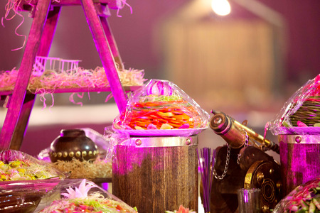 Beautifully decorated catering banquet table with variety of different food snacks and appetizers on party event or wedding celebrationの写真素材