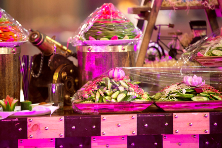 Beautifully decorated catering banquet table with variety of different food snacks and appetizers on party event or wedding celebrationの写真素材