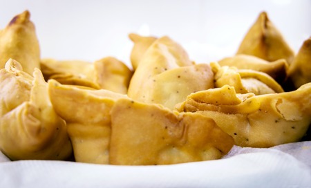 Vegetarian samosas filled with potato and green pea.Indian special traditional street foodの写真素材