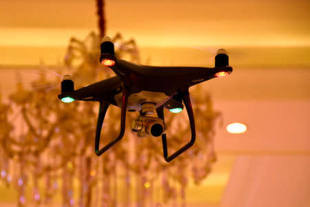 Delhi, India - October ,2019: Flying drone quadcopter Dji Phantom 2 with digital camera GoPro HERO4