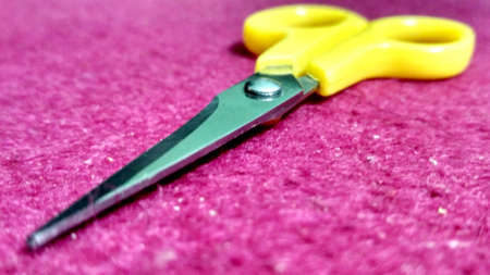 A yellow scissors isolated on pink surfaceの写真素材