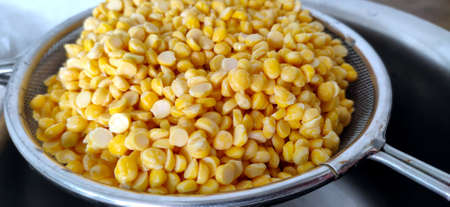 Heap of soaked yellow split chickpeas in sieve, Indian or pakistani raw foodの写真素材