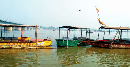 December 2020 : There were boats in the water for the passengers, River Ganga and Garh Ganga, Uttar pradeshのeditorial素材