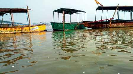 December 2020 : There were boats in the water for the passengers, River Ganga and Garh Ganga, Uttar pradeshのeditorial素材