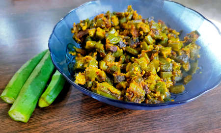 An indian masala fried bhindi or Okra or ladyfinger curry or sabji, selective focusの写真素材