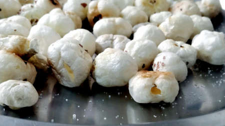 A Roasted Taal Makhana Namkeen or Fox Seed, which is a part of Lotus Flower. Served in a bowl. Selective focusの写真素材