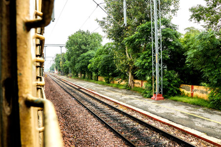 The passenger platform at the railway station. A small suburban station. Railway lineの写真素材