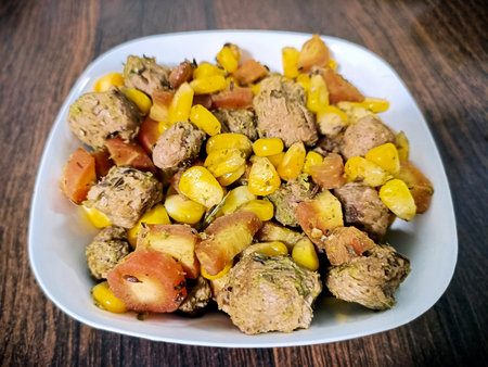 Healthy soya chunk fry with corn and vegetables is a healthy dish for post workoutの写真素材