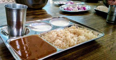 A platter of Indian red Kidney beans curry or Rajma Masala and rice, selective focusの写真素材