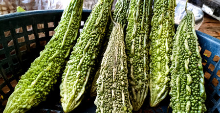 A selective focus Piles of bitter gourd sold at the vegetable marketの写真素材