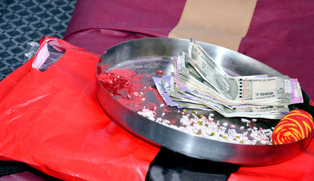 North Indian wedding Rituals, Silver, gold jewellery and Indian Currency kept plate, A wedding...