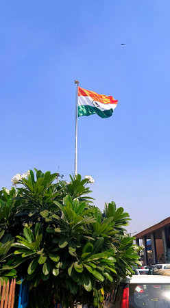 An Indian flag waving outside New Delhi Railway Station