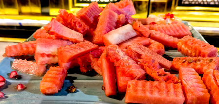 A close-up view of freshly sliced watermelon pieces arranged on a serving platterの写真素材