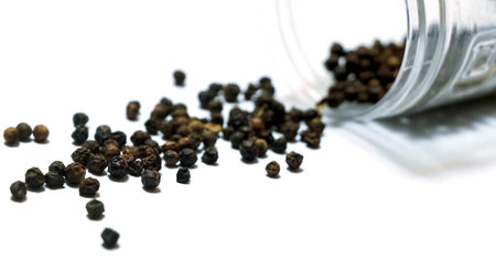 Top view of black pepper isolated on a white backgroundの写真素材