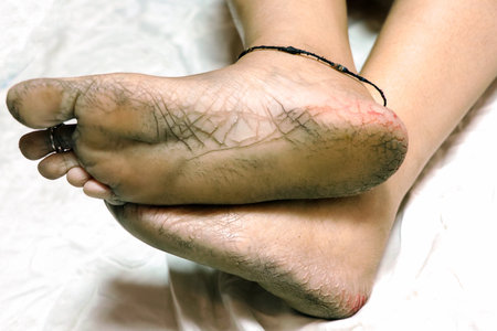 High-resolution close-up image of dry, cracked heels and soles of bare feet, highlighting skin texture and foot care issues.の写真素材