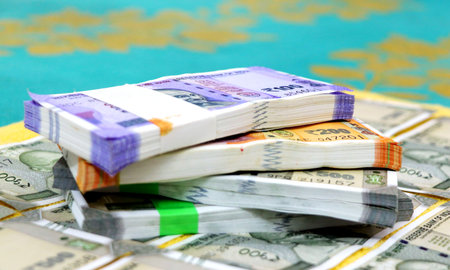 Properly arranged of new indian currency notes rupees 50,100,200 and 500