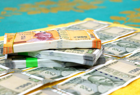 Properly arranged of new indian currency notes rupees 50,100,200 and 500の写真素材