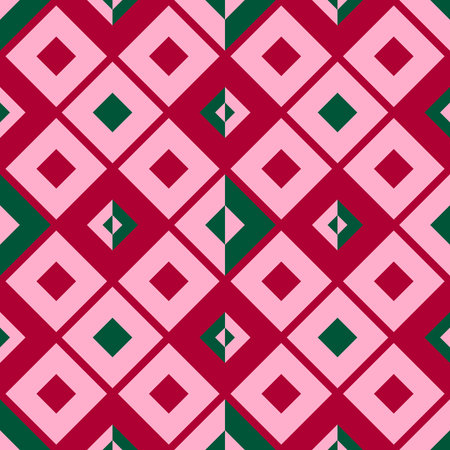 Seamless geometric pattern with diamond and square shapes in pink, red, and dark green